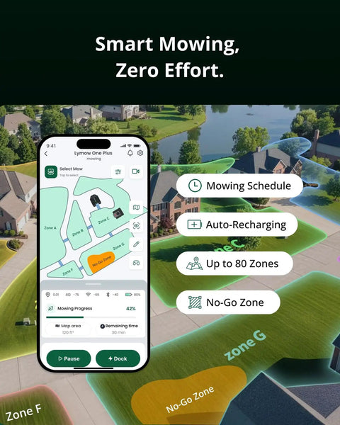 App interface showing mowing schedule and zones for One Plus Robotic Lawn Mower With Wire Free RTK And Vision Navigation