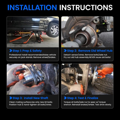 Installation instructions for Direct Swap Front Wheel Hub Assembly For Toyota Camry Highlander 2004 2017 with detailed steps.