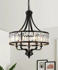 Modern Black Crystal Chandelier With 5 Lights, Farmhouse Style Dining Room Fixture, adjustable height pendant light view from above.