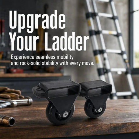 Telescopic Ladder Wheels And Retractable Wheel Casters Set For Folding Aluminum Ladders Smooth As Butter Rolling Replacement Tires on workbench.