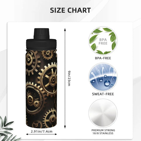 Steampunk Gears Print Insulated Water Bottle For Gym And Outdoor Adventures with size chart, BPA-free and sweat-free icons