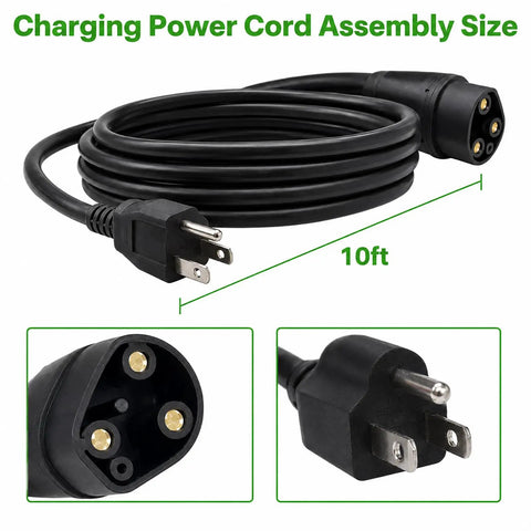 Rugged 10 Foot 3 Pin Charging Cable For Evolution Icon Golf Cart 48V Electric Vehicle 120V To 220V 16 Amp with three pronged ends.