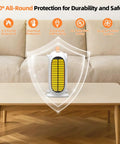 Portable Indoor Space Heater With Remote And LED Display, situated on a table, showcasing safety features and 360° protection.