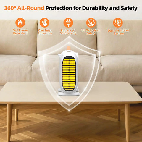 Portable Indoor Space Heater With Remote And LED Display, situated on a table, showcasing safety features and 360° protection.