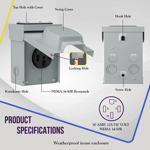 Product specifications of Lockable Weatherproof NEMA 14 50R Outdoor RV Power Outlet Box with labeled parts