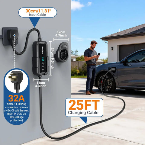 Man using Level 2 EV Charger 32A with WiFi App, 240V NEMA 14-50P, 25 ft cable, ETL certified for home use in driveway.