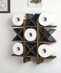 Tic Tac Toe Themed Toilet Paper Holder Stand And Wall Shelf Decor In Rustic Wood Bathroom Organizer For Toilet Tissue Freestanding Or Wall Mounted Storage Farmhouse Style No Fuss with X and O design against wall