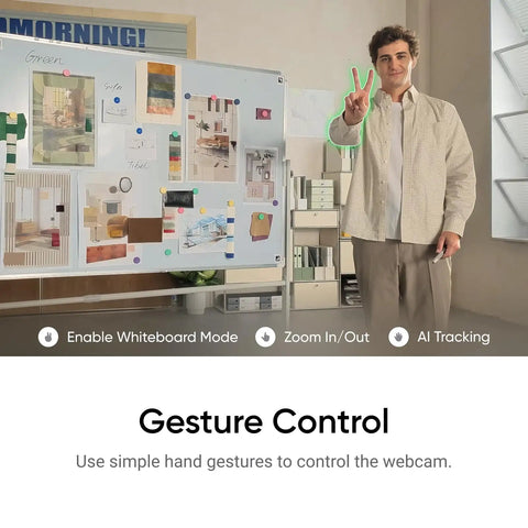 Man demonstrating gesture control for the Straight Fire 4K Webcam For PCs And Macs Featuring One Half Inch Sensor.