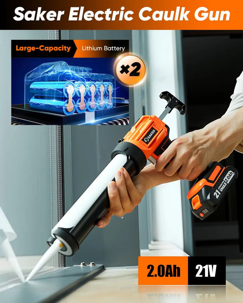Cordless Caulking Gun Drip Free With LED Light, 4 Speed Settings, 10oz 300ml Cartridge shown in use with two batteries