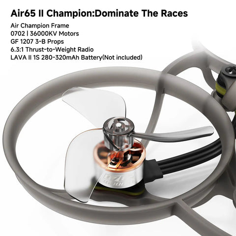 Close-up of Air65 II Brushless Whoop Quadcopter motor and prop on 1S 65mm frame with visible 0702 36000KV motor detail.