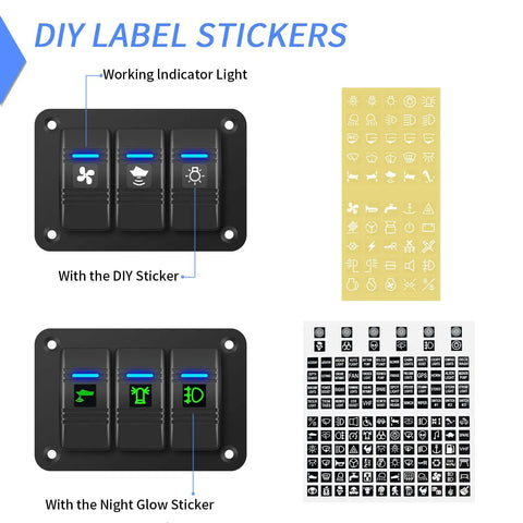 Rocker Switch Panel 12V Marine Waterproof Toggle Switch With Blue LED, Pre-Wired 3-Gang, with DIY and Night Glow Stickers