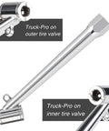 Chrome dual head tire pressure gauge for trucks with labeled inner and outer tire valve connectors
