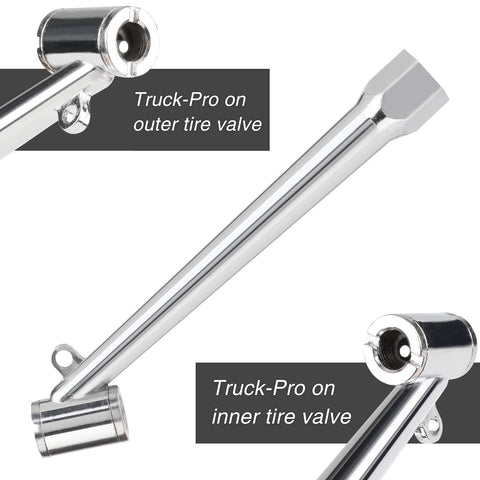 Chrome dual head tire pressure gauge for trucks with labeled inner and outer tire valve connectors