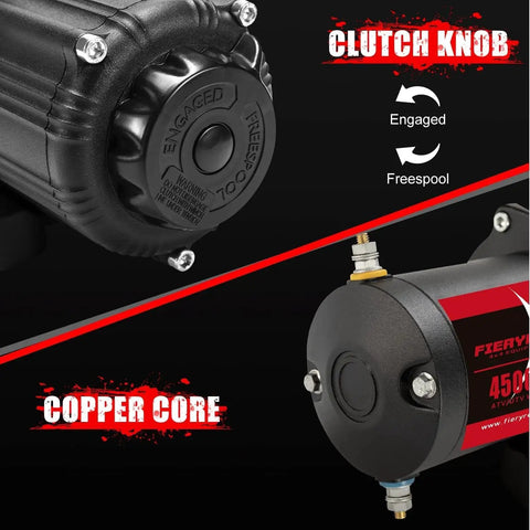 Heavy Duty 12V 4500Lbs ATV UTV Winch with clutch knob and copper core details, 1.9 HP motor visible