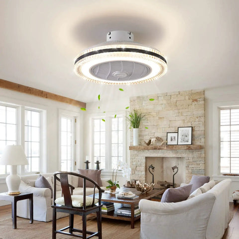 Living room with Bladeless Ceiling Fan With Lights And Remote, 21 Inch Flush Mount, 3 Speeds, 3 Light Color Temperatures