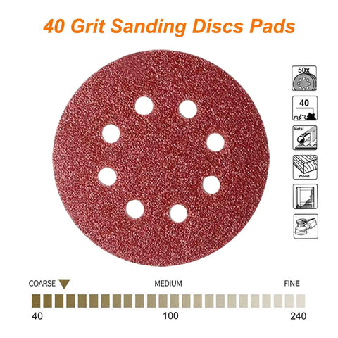 50 Pcs 125mm 8 Holes Sanding Discs And Pads 5 Inch 40 Grit Hook And Loop Sandpaper Sheets For Random Orbital Sander