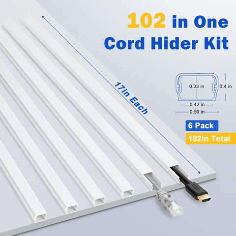 One Cable Cord Hider Kit 102-Inch Paintable Wall Wire Concealer viewed from above with white PVC raceways for cables.