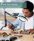 Person using 10X Magnifying Glass with Light and Stand, Real Glass Lens Desk Lamp with Clamp for circuit board repair
