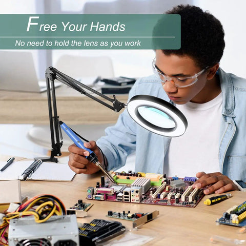 Person using 10X Magnifying Glass with Light and Stand, Real Glass Lens Desk Lamp with Clamp for circuit board repair