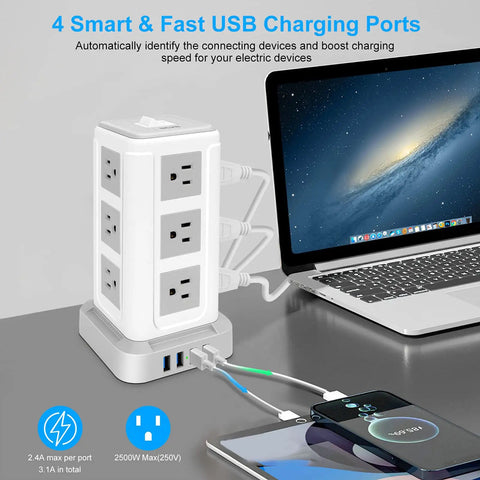 Power Strip Tower With Sixteen In One Surge Protector Twelve AC Outlets And Four USB Ports for home office setup