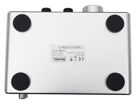 Bottom view of USB Audio Interface for Mac, PC, and iPad With XLR Mic Preamps, 48V Phantom Power, Guitar Input, rubber feet.