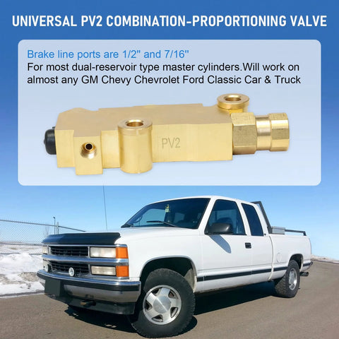 PV2 brass combination proportioning valve for disc/drum brake systems; front and rear.