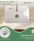 Rectangle white porcelain bathroom sink with measurements showing 4.13 inches depth, slick modern style on marble countertop.