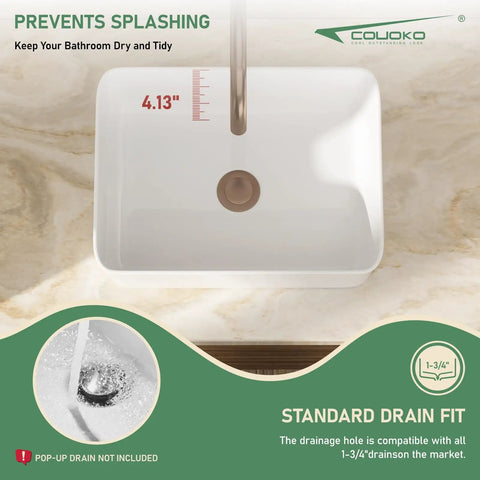Rectangle white porcelain bathroom sink with measurements showing 4.13 inches depth, slick modern style on marble countertop.