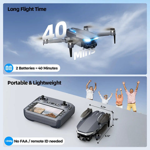 2K FPV Drone With 4.5 Inch Screen Remote, displaying long flight time and compact size, ideal for beginners and adults.
