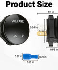 Panel Mount Digital Led Voltmeter Gauge For Cars And Trucks Dual Range 12 Volt Or 24 Volt with size dimensions and clear labels.