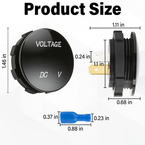 Panel Mount Digital Led Voltmeter Gauge For Cars And Trucks Dual Range 12 Volt Or 24 Volt with size dimensions and clear labels.