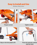 VEVOR orange hydraulic lift table cart with 4 wheels; instructional assembly and operation diagrams.