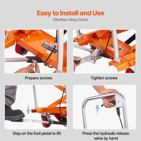 VEVOR orange hydraulic lift table cart with 4 wheels; instructional assembly and operation diagrams.