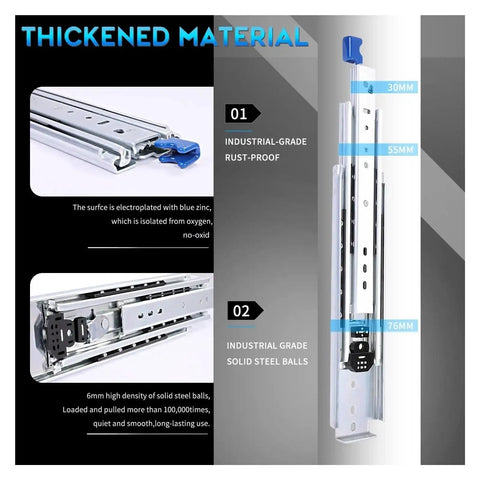 Heavy Duty Drawer Slides With Secure Locking Feature Full Extension Ball Bearing Rails, rust-proof steel, 30mm, 55mm, industrial-grade.