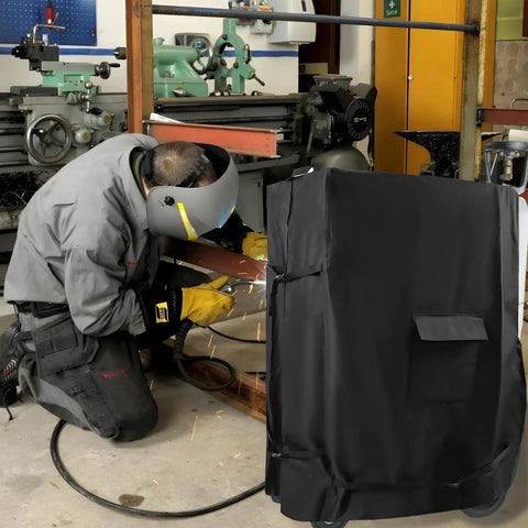 Rugged Heavy Duty Three Layer Welder Cart Cover For Most Electric Welding Carts, Heat Resistant, Black, in workshop setting