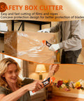 Dual Lock Safety Box Cutter With Retractable Blade, Hella Handy Package Opener For Quick Cuts, Includes Snap-Off Blades, Film Cutter And Tape Splitter For Warehouse And In-Store Cutting. Orange and black safety box cutter cutting plastic wrap and flowers.