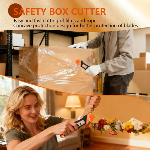 Dual Lock Safety Box Cutter With Retractable Blade, Hella Handy Package Opener For Quick Cuts, Includes Snap-Off Blades, Film Cutter And Tape Splitter For Warehouse And In-Store Cutting. Orange and black safety box cutter cutting plastic wrap and flowers.
