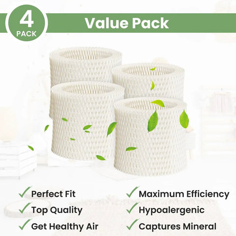 4 Pack Humidifier Filter Replacement Compatible With Honeywell HCM350B HCM350W HCM710 HEV312W Cool Mist on display with features highlighted