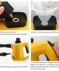 Steps to use High Temperature Handheld Steam Cleaner with brush, scraper, hose, and nozzle for kitchen and bathroom cleaning