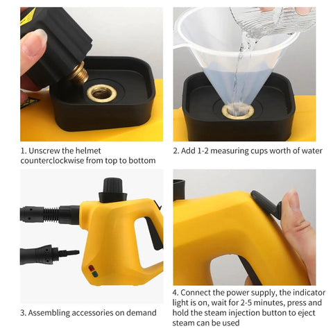 Steps to use High Temperature Handheld Steam Cleaner with brush, scraper, hose, and nozzle for kitchen and bathroom cleaning