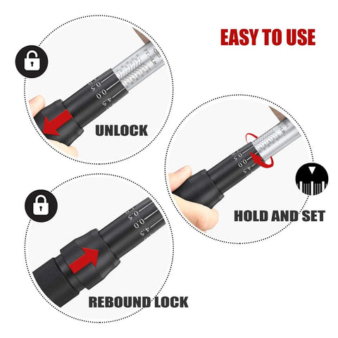 Steps to use Beefy 3/8-Inch Drive Click Torque Wrench With 10-100 Ft-Lb / 15-135 Nm Range showing unlock, hold and set, rebound lock.