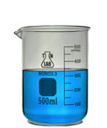 Heavy Wall Borosilicate Glass Beaker Set Go To Five Piece Lab Gear 50ml 100ml 250ml 500ml 1000ml Low Form Graduated Beakers With Pouring Spout Durable Glassware For Chemistry Class And Research 500ml filled