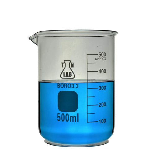 Heavy Wall Borosilicate Glass Beaker Set Go To Five Piece Lab Gear 50ml 100ml 250ml 500ml 1000ml Low Form Graduated Beakers With Pouring Spout Durable Glassware For Chemistry Class And Research 500ml filled
