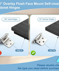 Comparison of 1/2" Overlay Flush Face Mount Self-closing Cabinet Hinges for clear installation guide.