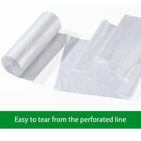 Heavy Duty 40 45 Gallon Trash Bags With Clear Scent Free Build Featuring No Nonsense Tear Resistant Polyethylene and Star Seal Bottom For Straight Up Leak Proof Cleanup In Every Standard Waste Bin rolled and flat trash bags on a white background.