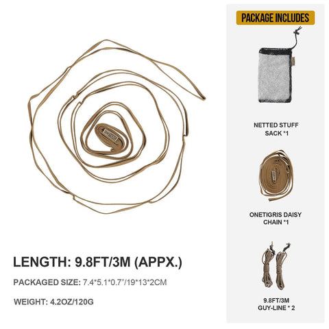 Heavy Duty Camping Lanyard Ten Feet With 19 Loops Daisy Chain Gear Hanger coiled next to package contents and dimensions.