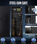 Beefy Biometric Gun Safe for 12 Rifles and 4 Pistols With Digital Keypad showing steel build and security features