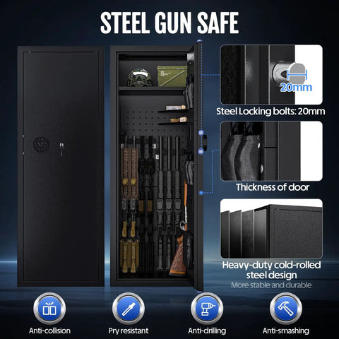 Beefy Biometric Gun Safe for 12 Rifles and 4 Pistols With Digital Keypad showing steel build and security features