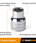 Fourteen Piece Three Eighths Inch Drive Six Point Socket Set Metric Pro Grade Chrome Plated Alloy Steel with features labeled