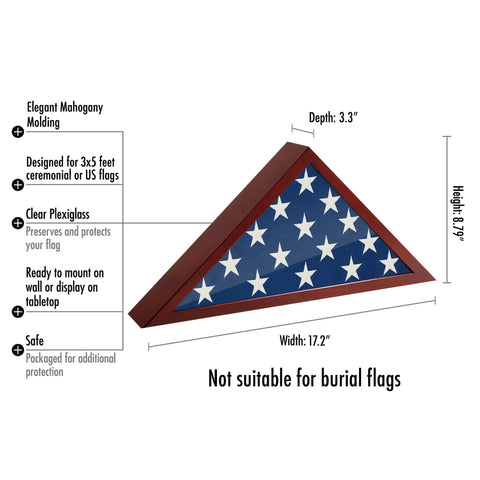 Small Folded Flag Display Case For 3x5 Ceremonial Flags Not For Burial Flag, Mahogany Woodgrain Finish, product dimensions shown